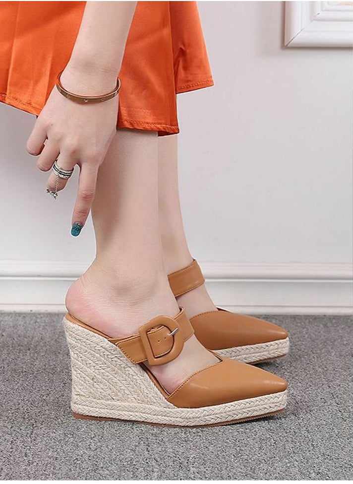 Women's Platform Espadrilles Wedge Heeled Sandals Slip On Closed Pointed Toe Wedge Pumps Brown