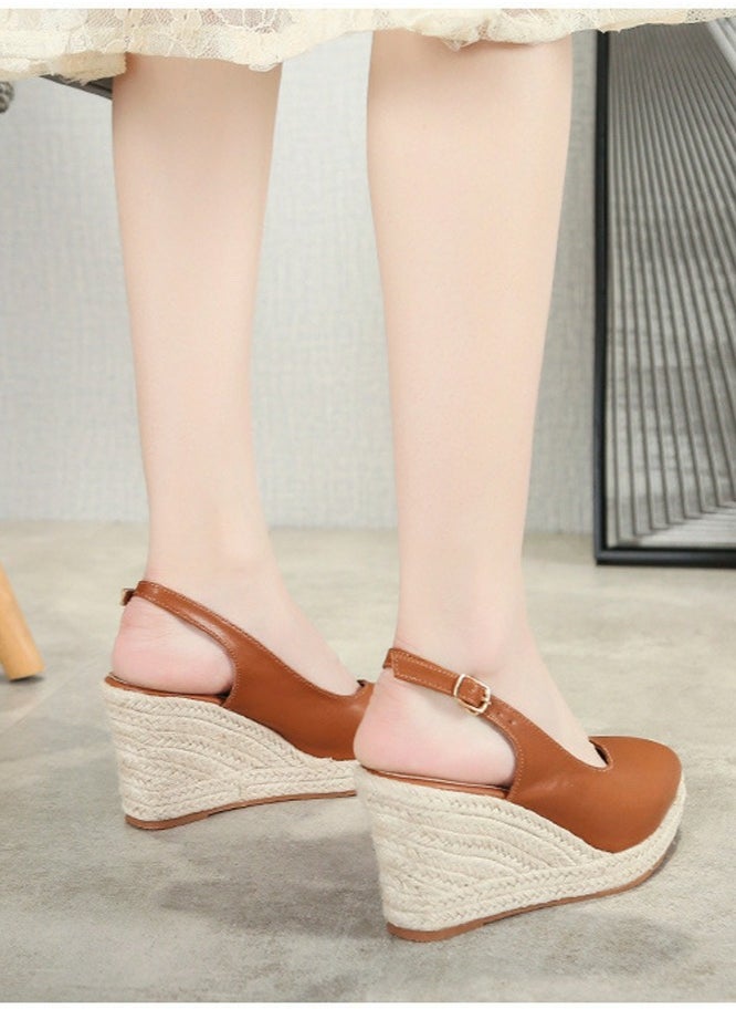 Espadrilles Wedge Sandals Closed Pointed Toe Slingback Buckle Strap Wedges Pumps Platform Heeled Sandal Brown