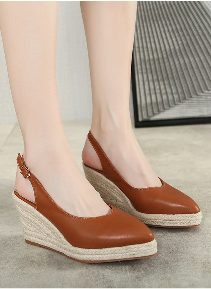 Espadrilles Wedge Sandals Closed Pointed Toe Slingback Buckle Strap Wedges Pumps Platform Heeled Sandal Brown