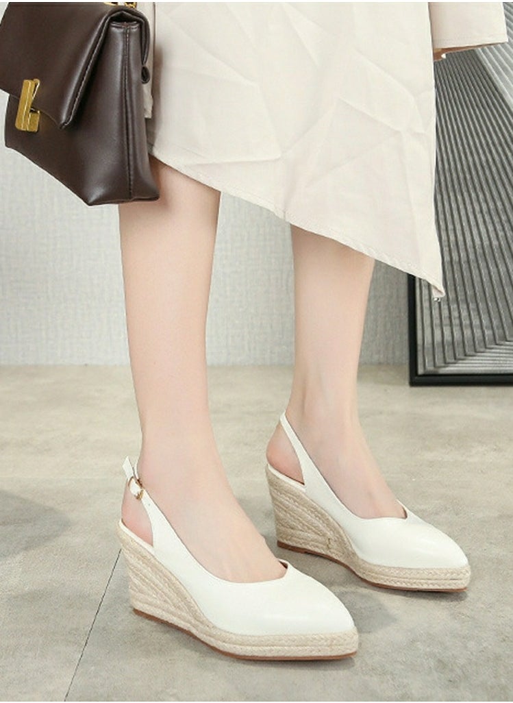 Espadrilles Wedge Sandals Closed Pointed Toe Slingback Buckle Strap Wedges Pumps Platform Heeled Sandal White