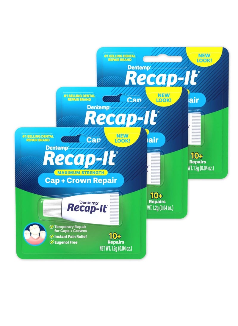 Dentemp Recap-It Cap and Crown Repair Dental Kit - Fast Acting Formula Dental Cement for Loose Caps (Pack of 3) - Temporary Cement for Crown and Bridge