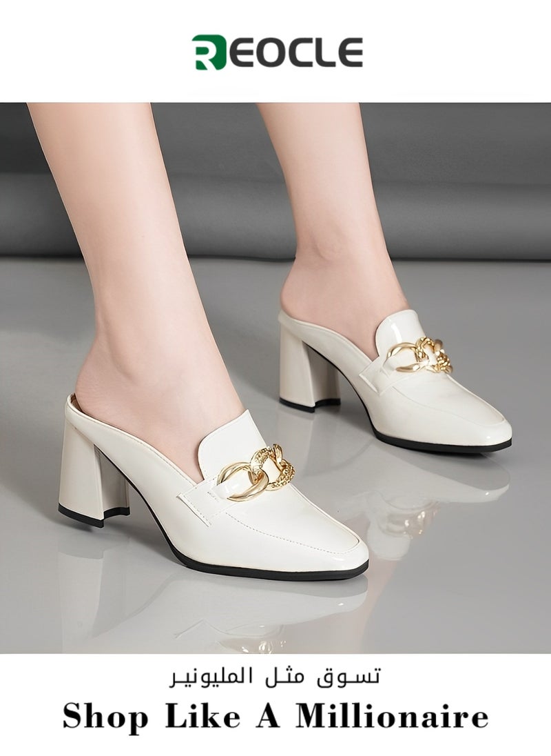 Women's Mules Pointed Toe Backless Loafer Shoes Slip on Sandals Chunky Sandals with Square-Toe Block-Heel & Metal Buckle Design & Comfortable Lining