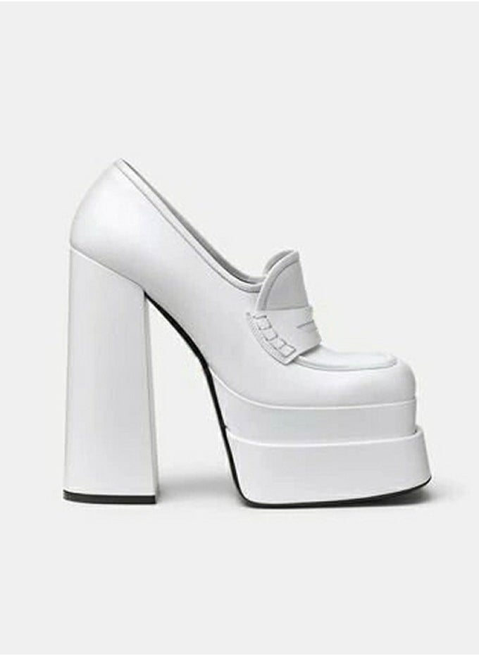 Womens Platform Heels Pumps Loafers Chunky High Heel Closed Toe Loafer Shoes White