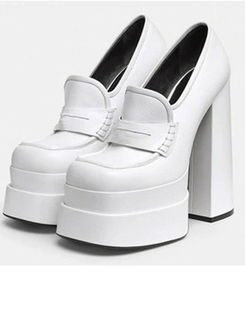 Womens Platform Heels Pumps Loafers Chunky High Heel Closed Toe Loafer Shoes White