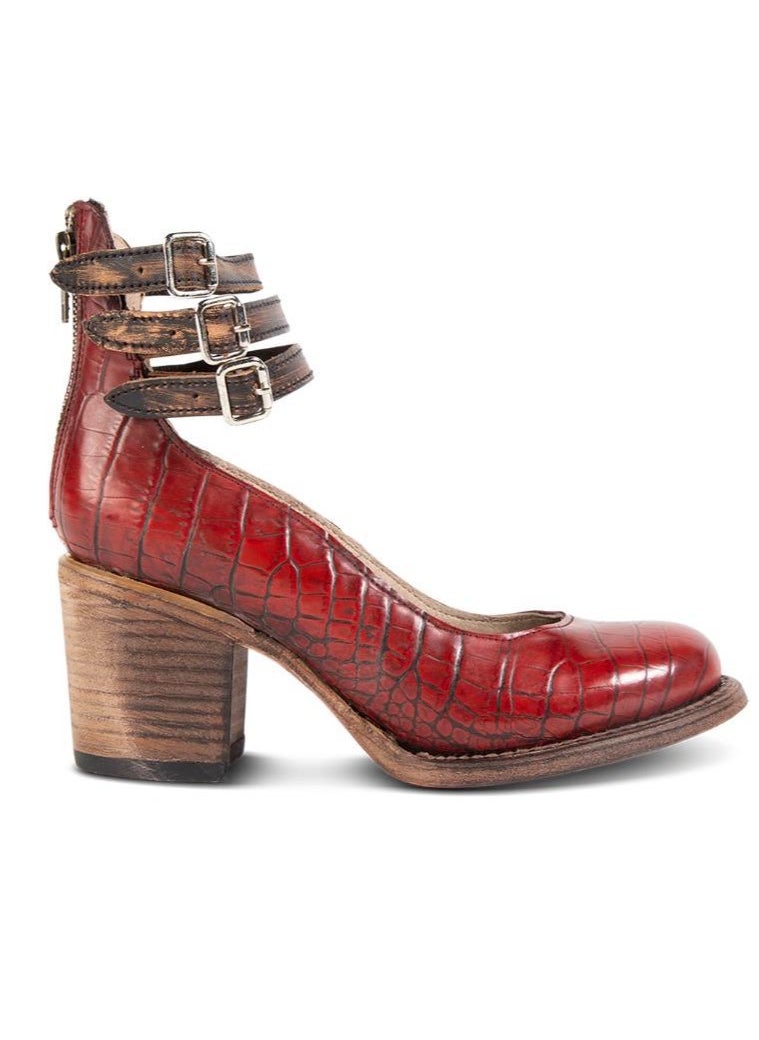 Women's Ankle Strap Buckle Pumps Chunky Block Heel Round Closed Toe Rear Zipper Mary Jane Shoes Red Crocodile Pattern