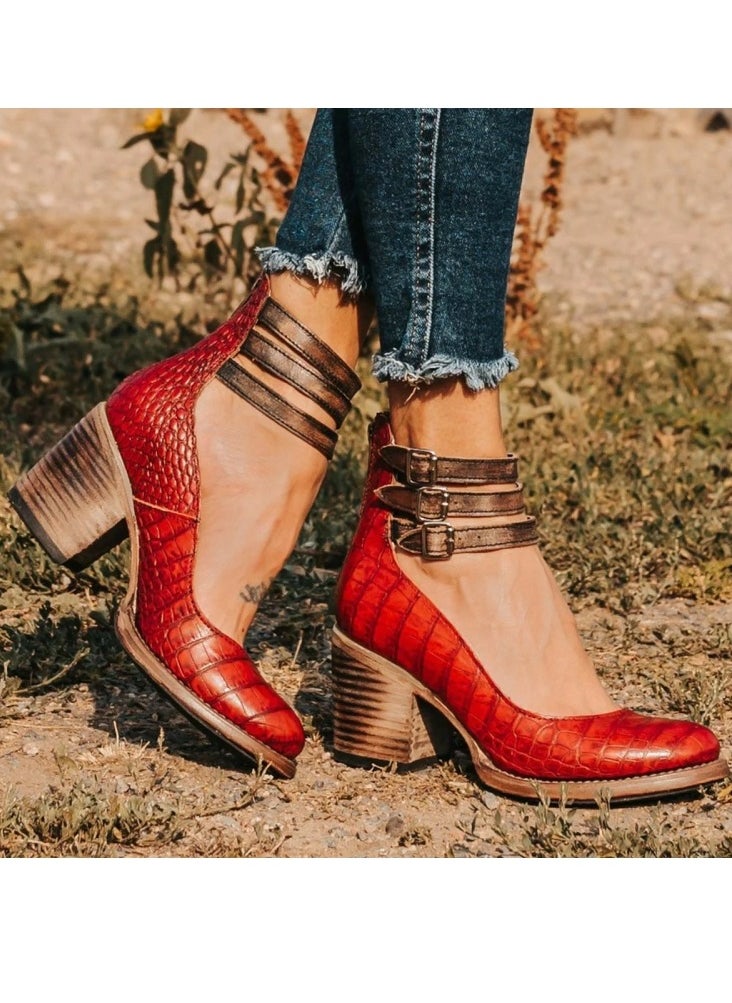 Women's Ankle Strap Buckle Pumps Chunky Block Heel Round Closed Toe Rear Zipper Mary Jane Shoes Red Crocodile Pattern