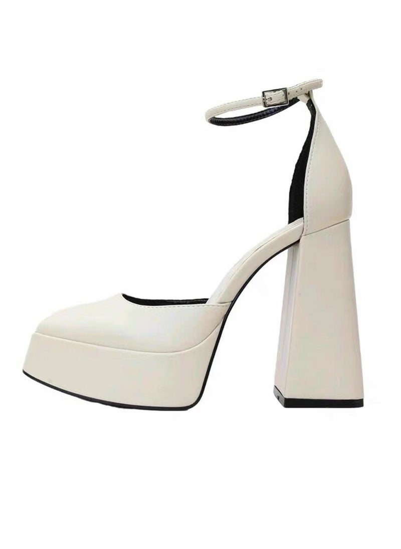 Women's Platform Heels Chunky High Heel Pumps Block Heels Ankle Strap Closed Toe Pumps White