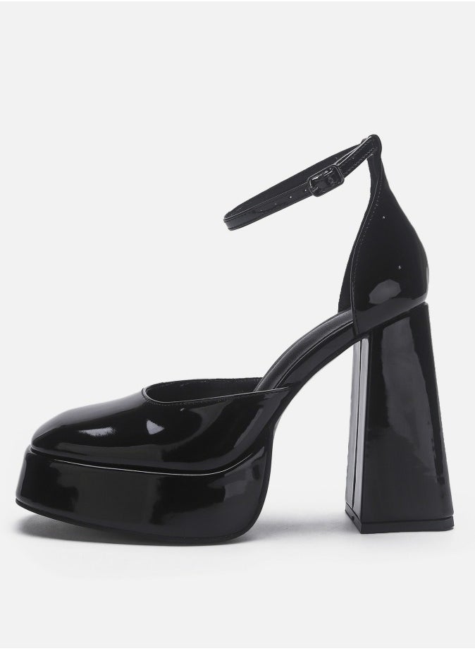 Women's Platform Heels Chunky High Heel Pumps Block Heels Ankle Strap Closed Toe Pumps Black