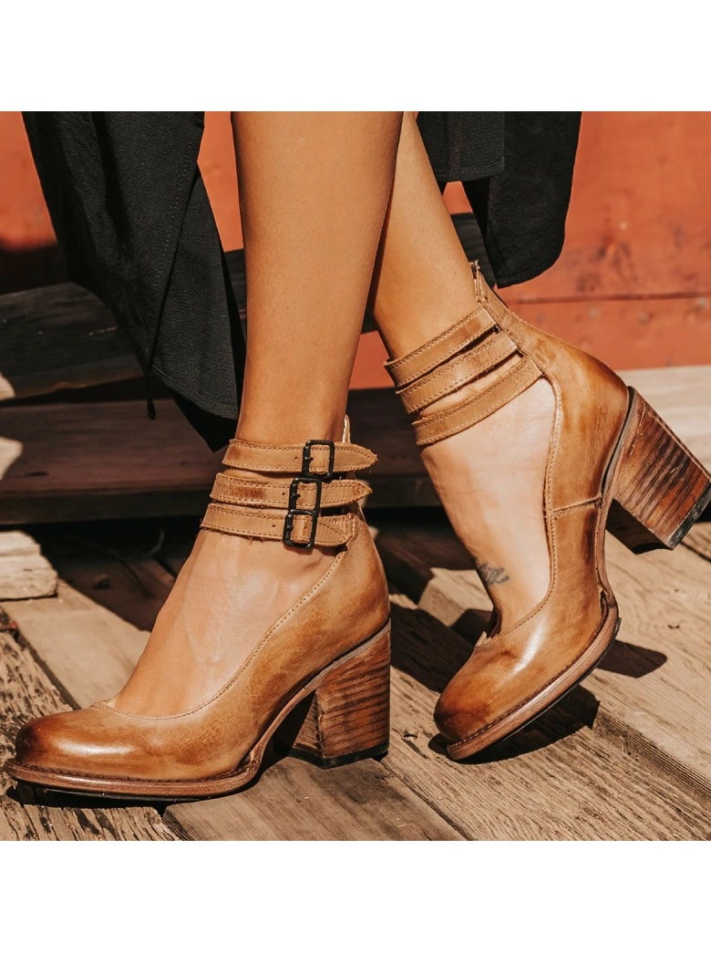 Women's Ankle Strap Buckle Pumps Chunky Block Heel Round Closed Toe Rear Zipper Mary Jane Shoes Brown