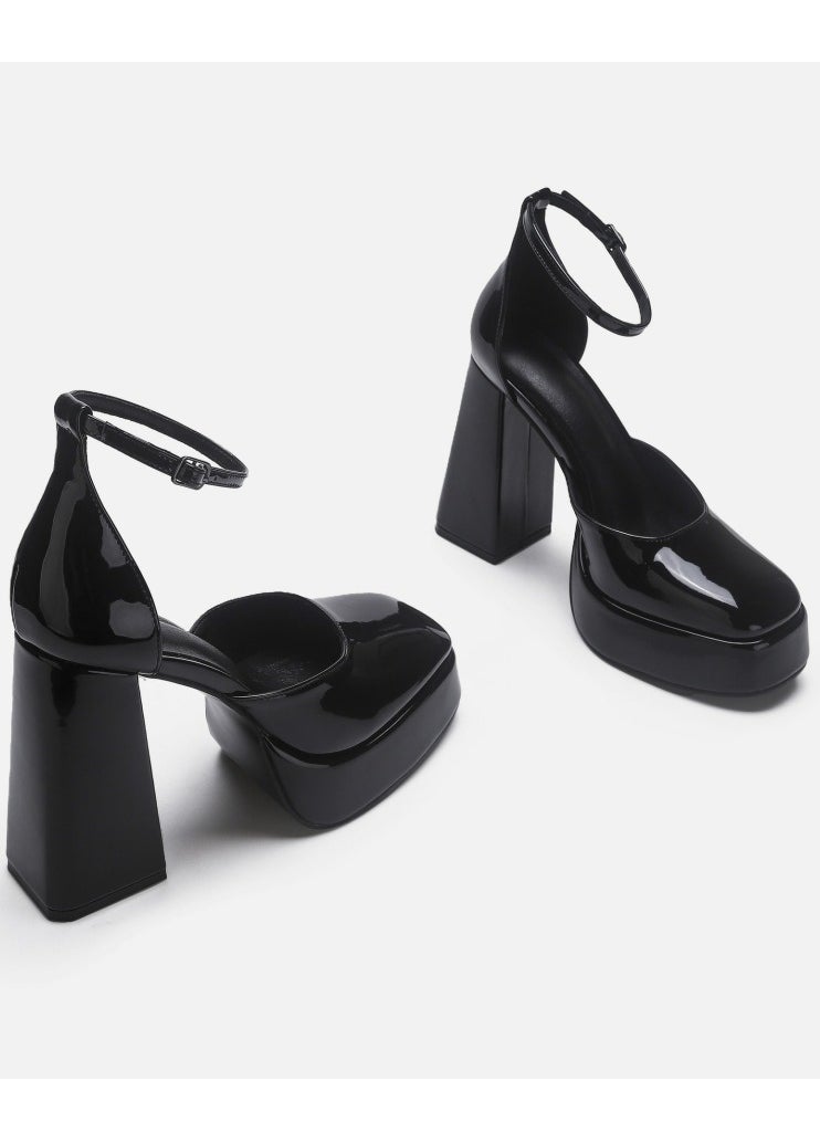 Women's Platform Heels Chunky High Heel Pumps Block Heels Ankle Strap Closed Toe Pumps Black