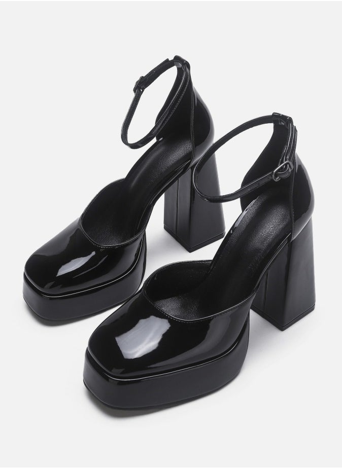 Women's Platform Heels Chunky High Heel Pumps Block Heels Ankle Strap Closed Toe Pumps Black