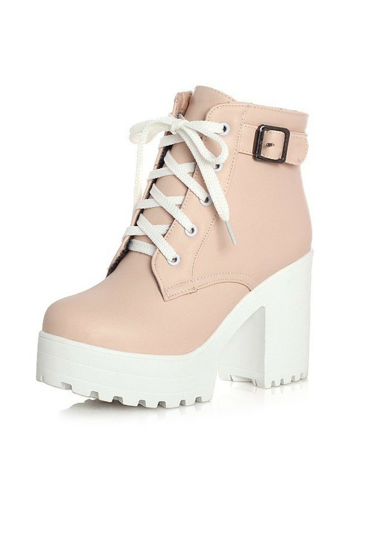 Women's Chunky Heels Lace Up Ankle Boots Round Toe High Heeled Short Booties Pale Pink