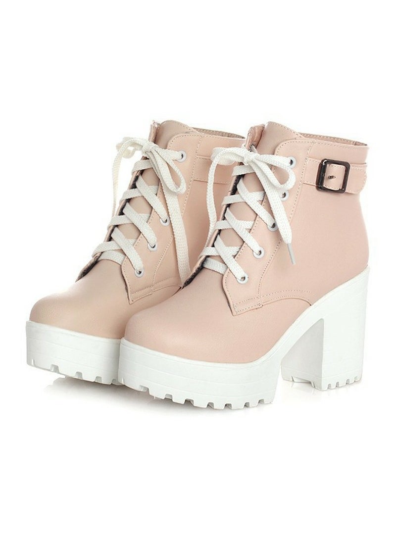 Women's Chunky Heels Lace Up Ankle Boots Round Toe High Heeled Short Booties Pale Pink