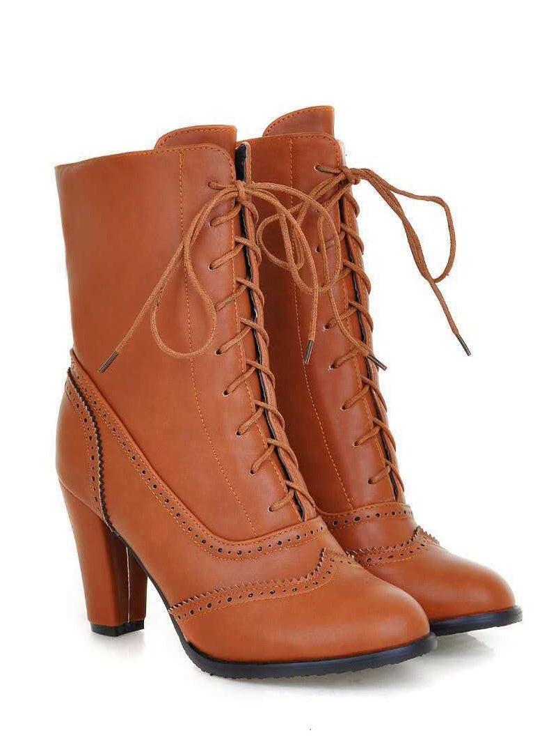 Women's Low Heel Lace Up Ankle Boots Pointed-toe Side Zipper Short Booties Brown