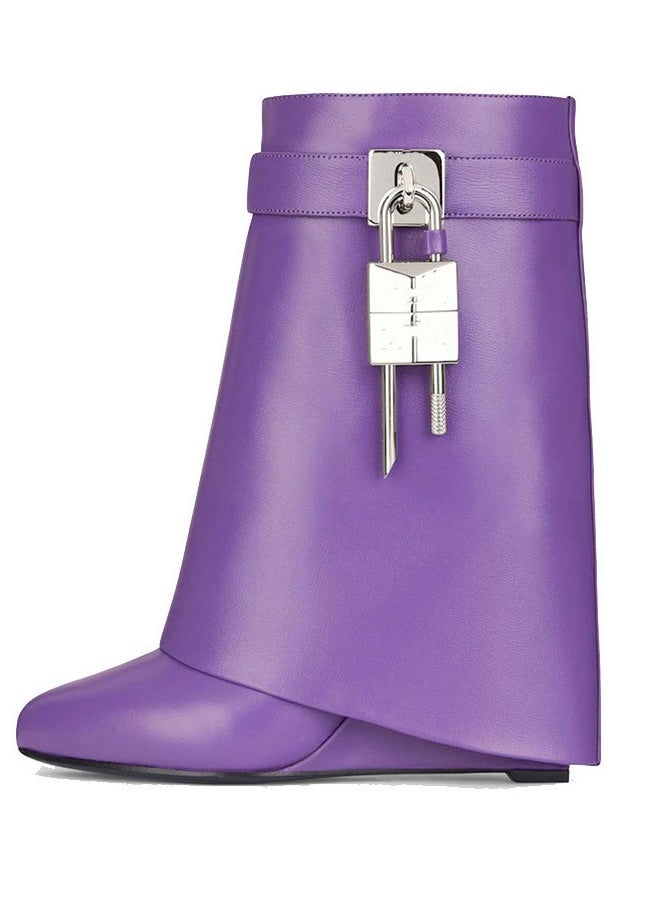 Women's Stylish Fold Over Ankle Boots Pointed Toe Wedge High Heels Short Tube Boots Purple