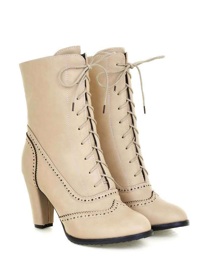 Women's Low Heel Lace Up Ankle Boots Pointed-toe Side Zipper Short Booties Beige