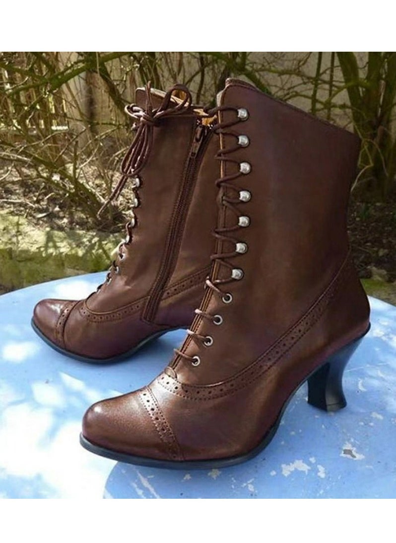 Women's Kitten Heels Lace Up Ankle Boots Low Pointed-toe Mid Heeled Side Zipper Short Booties Brown