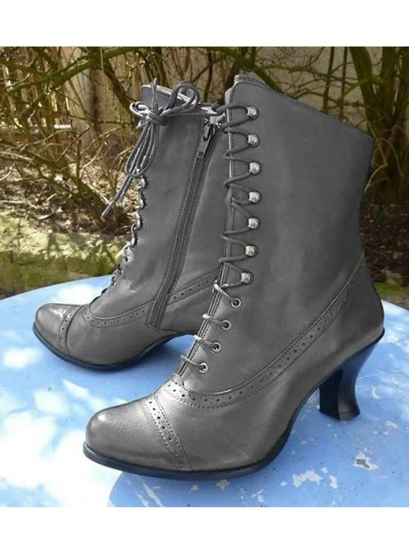 Women's Kitten Heels Lace Up Ankle Boots Low Pointed-toe Mid Heeled Side Zipper Short Booties Grey