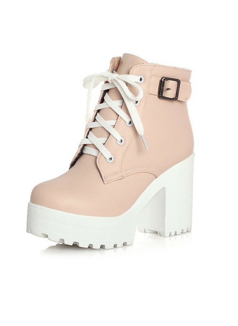 Women's Chunky Heels Lace Up Ankle Boots Round Toe High Heeled Short Booties Pale Pink