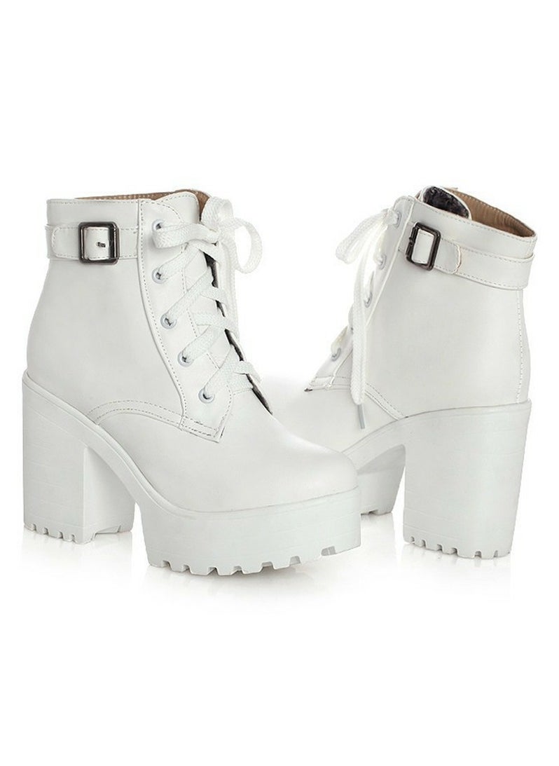 Women's Chunky Heels Lace Up Ankle Boots Round Toe High Heeled Short Booties White