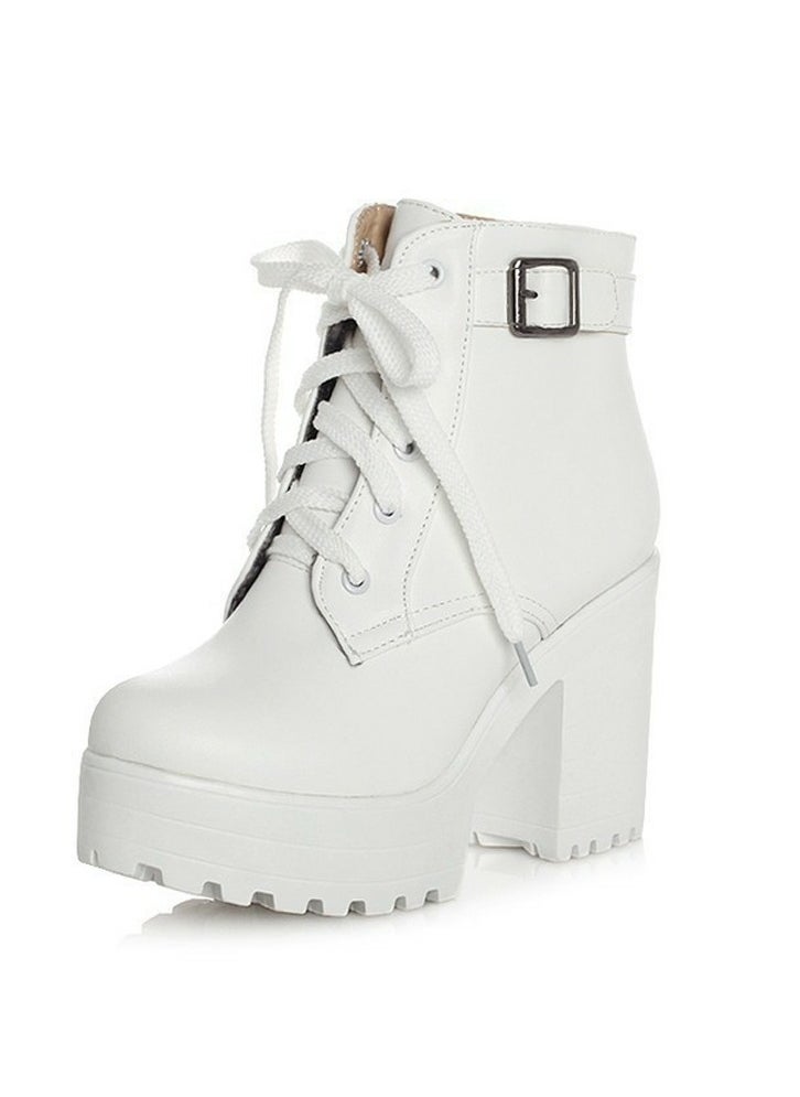 Women's Chunky Heels Lace Up Ankle Boots Round Toe High Heeled Short Booties White