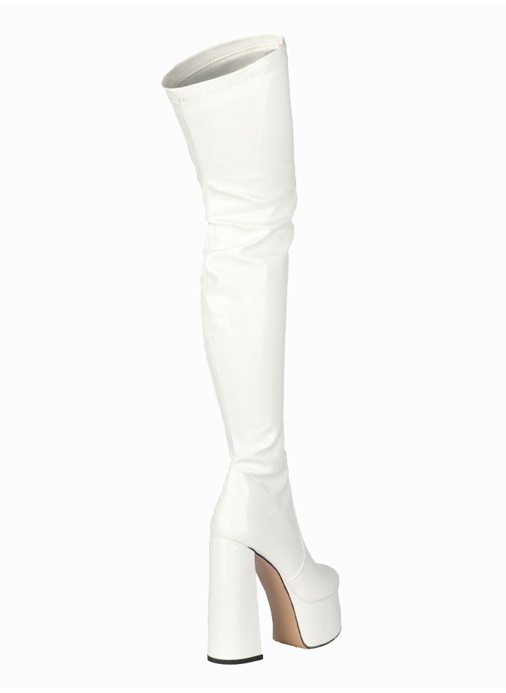 Womens Solid Over The Knee Boots Thigh High Chunky Heel Round Toe Long Boots Elegant Classic Fashion Tall Boots White