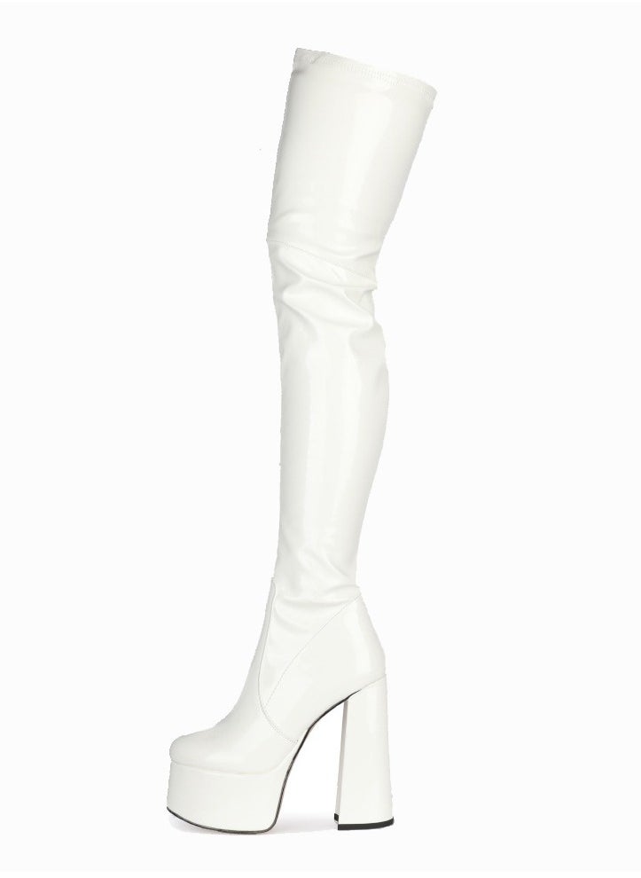 Womens Solid Over The Knee Boots Thigh High Chunky Heel Round Toe Long Boots Elegant Classic Fashion Tall Boots White