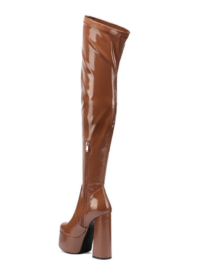 Womens Solid Over The Knee Boots Thigh High Chunky Heel Round Toe Long Boots Elegant Classic Fashion Tall Boots Caramel