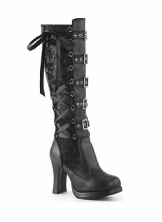 Women Lace Goth Knee High Boots Buckle Block Heel Lace Up Knee Boots Punk Platform Back Zipper Riding Bootie Black