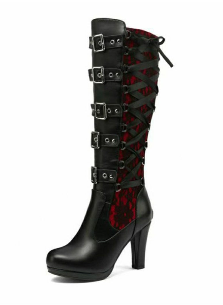 Women Lace Goth Knee High Boots Buckle Block Heel Lace Up Knee Boots Punk Platform Back Zipper Riding Bootie Red/Black