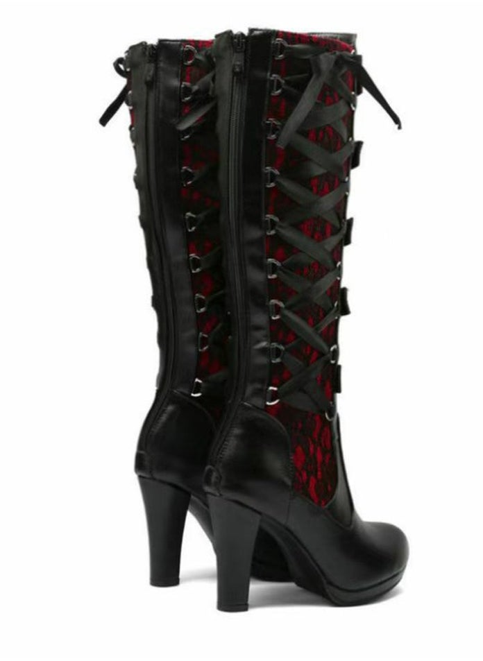 Women Lace Goth Knee High Boots Buckle Block Heel Lace Up Knee Boots Punk Platform Back Zipper Riding Bootie Red/Black