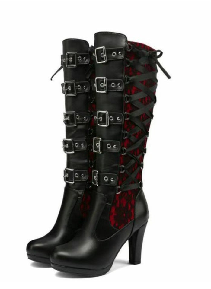 Women Lace Goth Knee High Boots Buckle Block Heel Lace Up Knee Boots Punk Platform Back Zipper Riding Bootie Red/Black