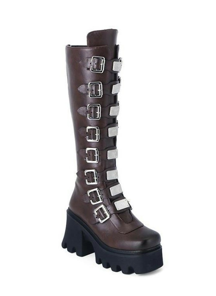 Women's Punk Thick Soled Buckle Knee High Boots Round toe Platform Booties Dark Brown