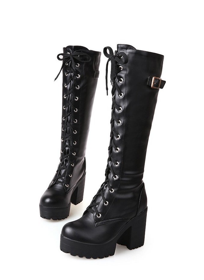 Women's Thick High Heels Lace Up Boots Round toe Punk Platform Booties Black