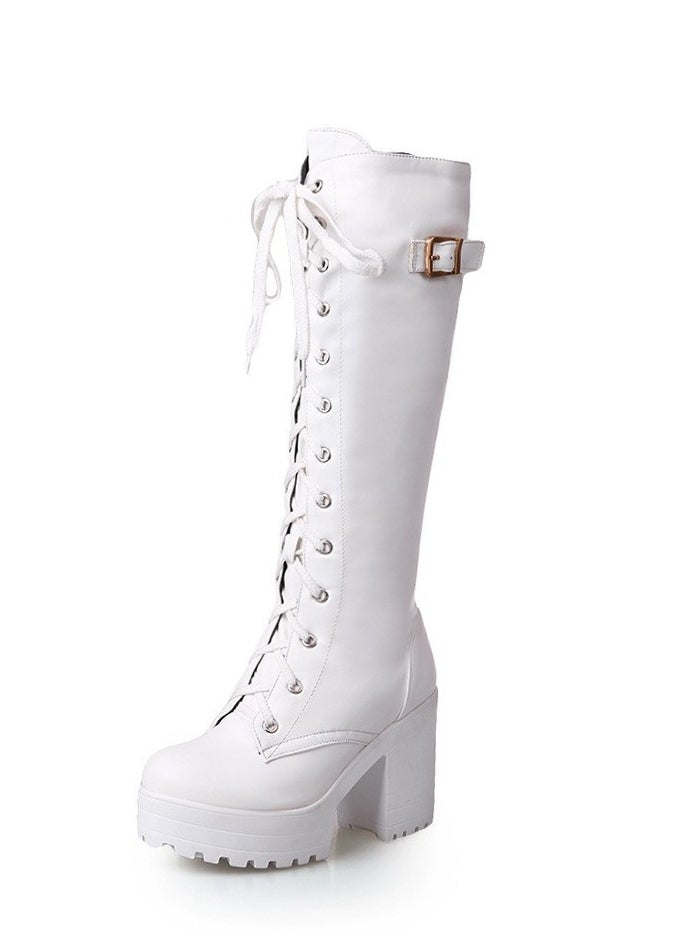 Women's Thick High Heels Lace Up Boots Round toe Punk Platform Booties White