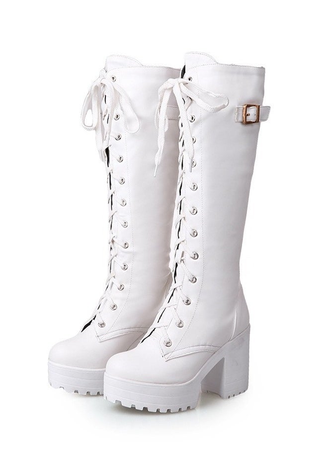 Women's Thick High Heels Lace Up Boots Round toe Punk Platform Booties White