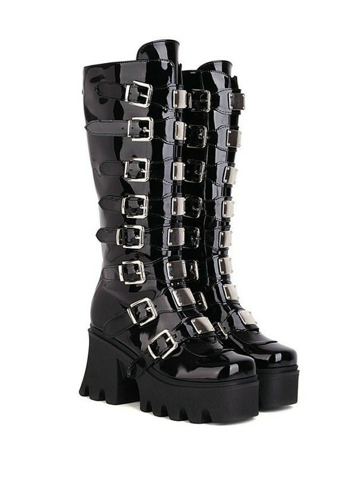 Women's Punk Thick Soled Buckle Knee High Boots Round toe Platform Booties Black