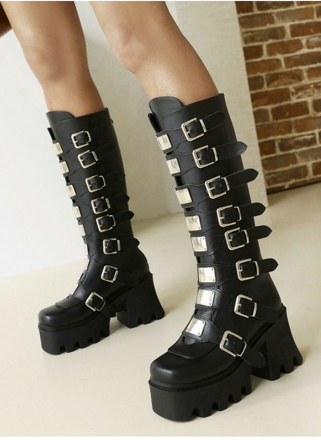 Women's Punk Thick Soled Buckle Knee High Boots Round toe Platform Booties Black