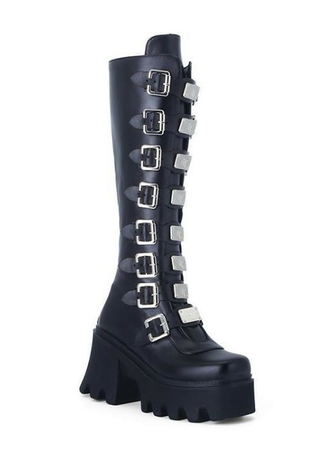 Women's Punk Thick Soled Buckle Knee High Boots Round toe Platform Booties Black