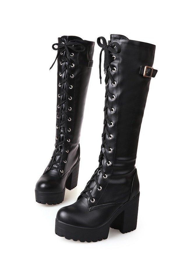 Women's Thick High Heels Lace Up Boots Round toe Punk Platform Booties Black