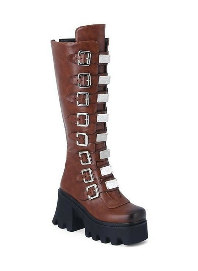 Women's Punk Thick Soled Buckle Knee High Boots Round toe Platform Booties Brown