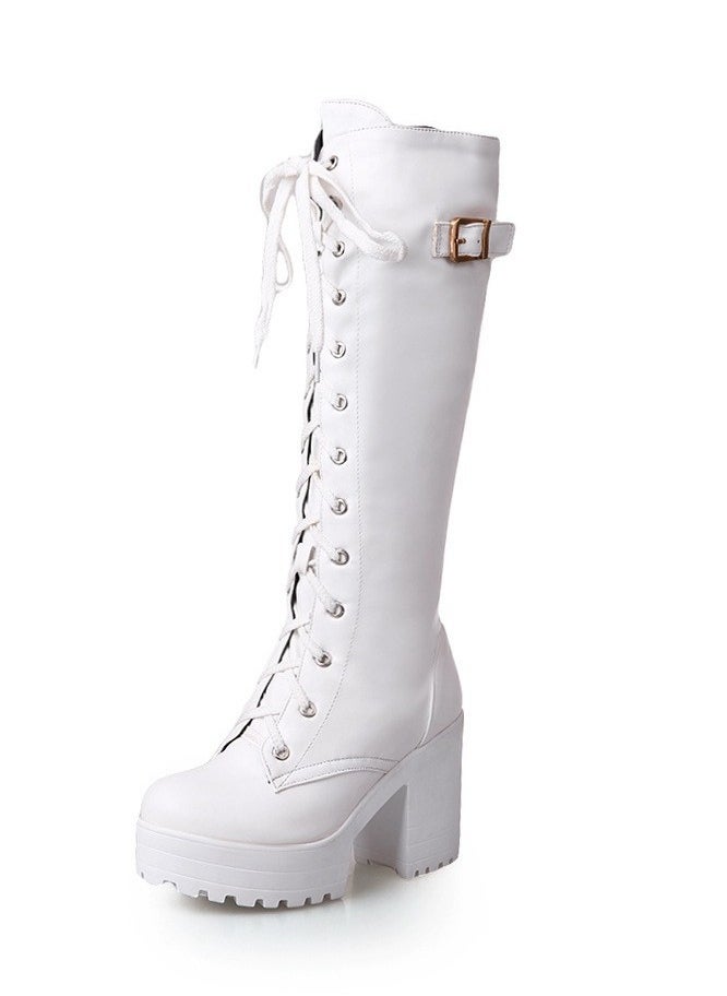 Women's Thick High Heels Lace Up Boots Round toe Punk Platform Booties White