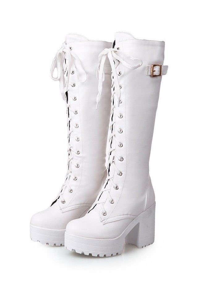 Women's Thick High Heels Lace Up Boots Round toe Punk Platform Booties White