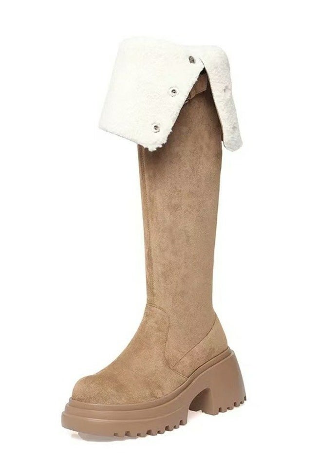 Womens Thick Soled Round Toe Knee High Boots Foldable Long Suede Boots Khaki