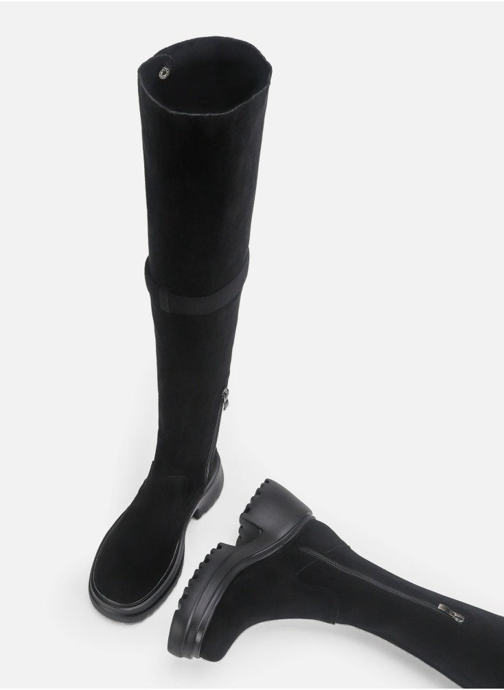 Womens Thick Soled Round Toe Knee High Boots Foldable Long Suede Boots Black