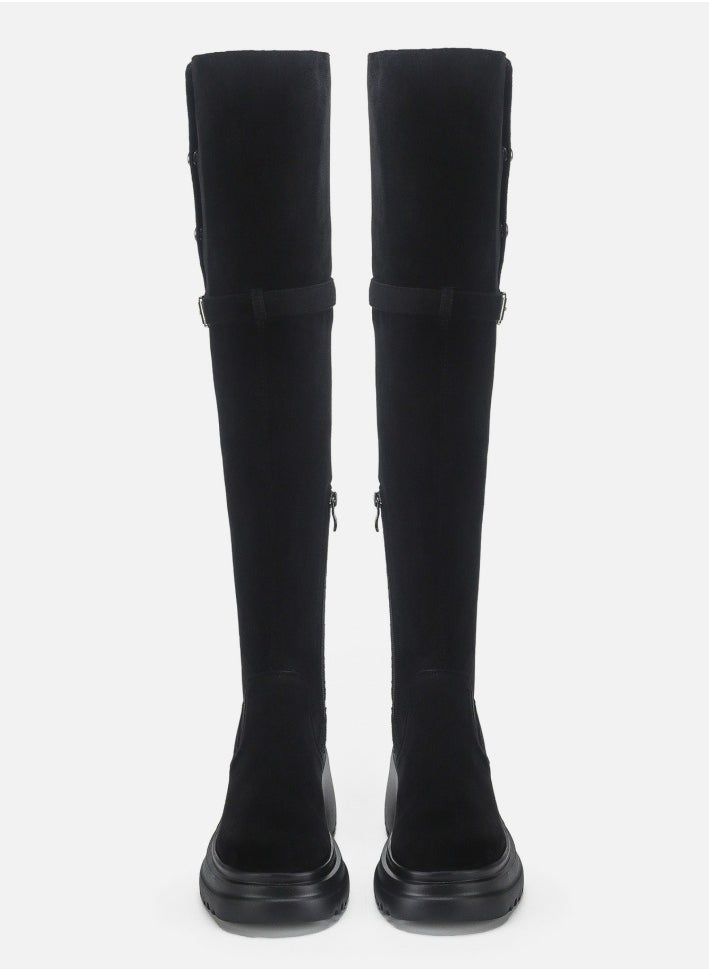 Womens Thick Soled Round Toe Knee High Boots Foldable Long Suede Boots Black