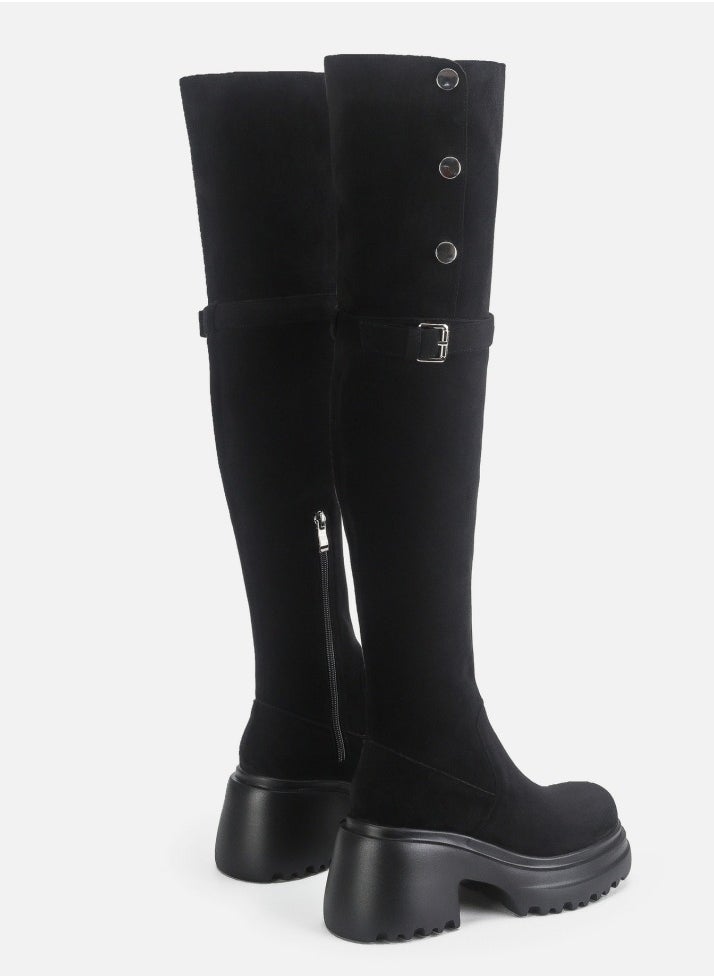 Womens Thick Soled Round Toe Knee High Boots Foldable Long Suede Boots Black