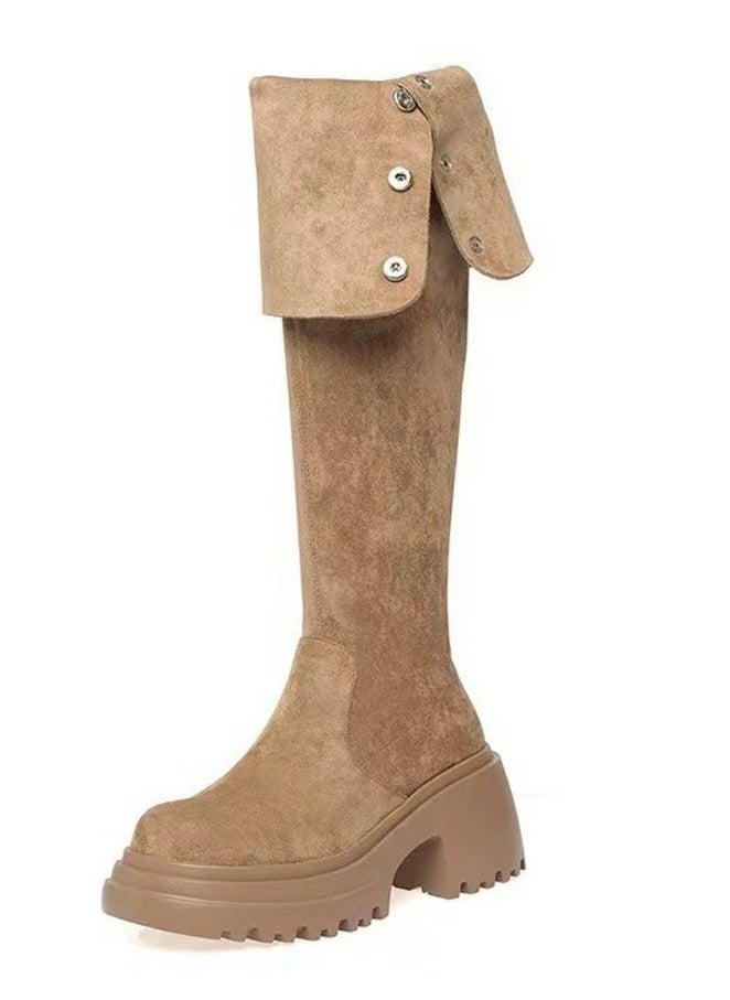 Womens Thick Soled Round Toe Knee High Boots Foldable Long Suede Boots Khaki