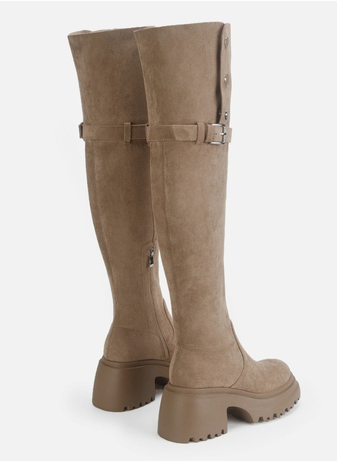 Womens Thick Soled Round Toe Knee High Boots Foldable Long Suede Boots Khaki