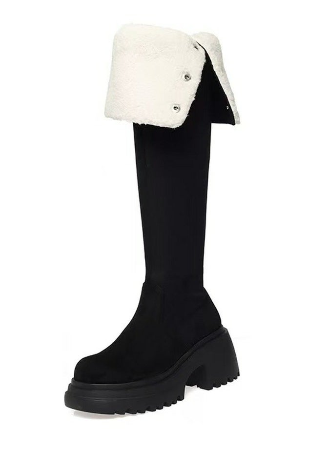 Womens Thick Soled Round Toe Knee High Boots Foldable Long Suede Boots Black